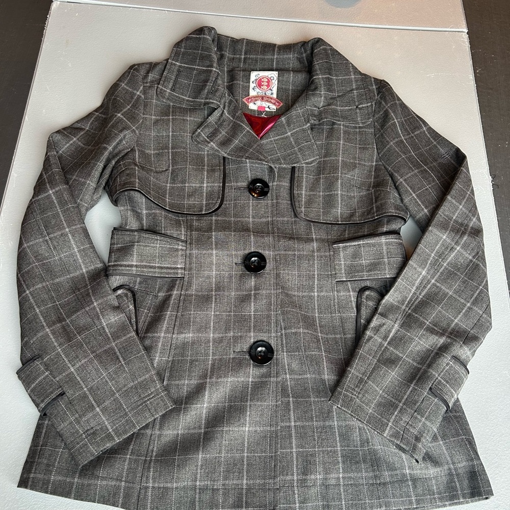 Women’s three stones Plaid Gray Pea Coat with Decorative Piping